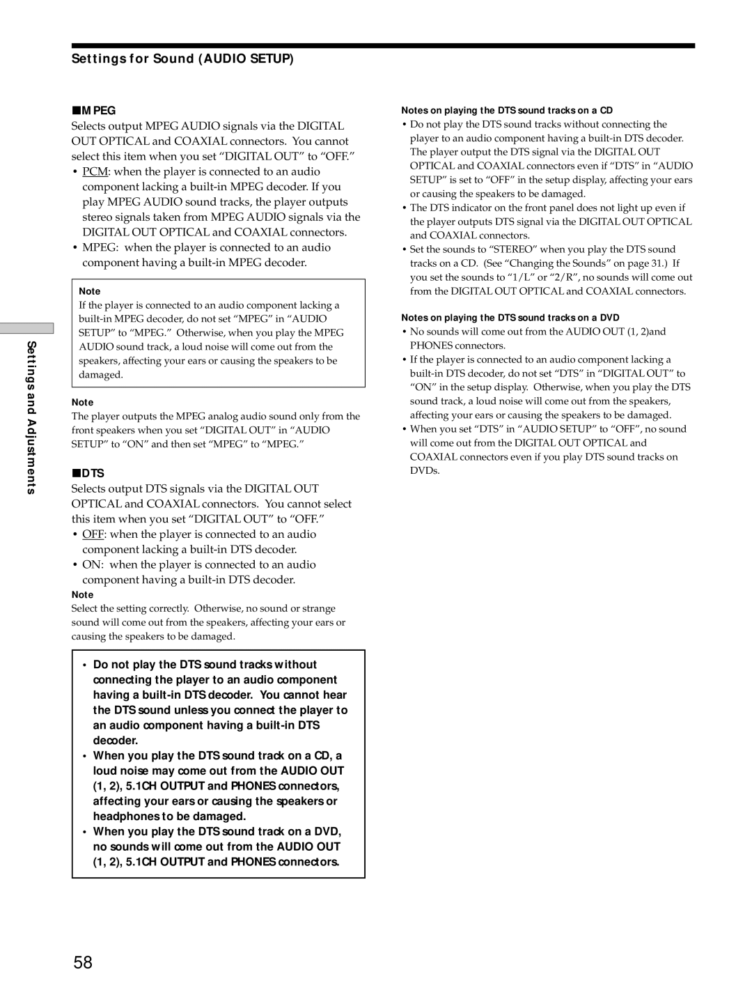 Sony DVP-S725D operating instructions Settings for Sound Audio Setup, Pmpeg, Pdts 