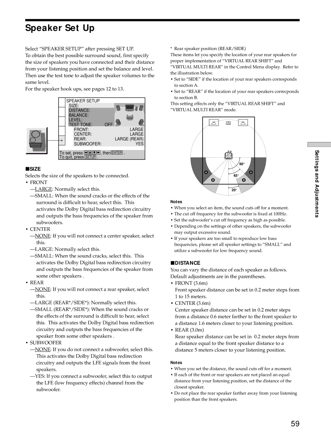 Sony DVP-S725D operating instructions Speaker Set Up, Psize, Selects the size of the speakers to be connected, Pdistance 