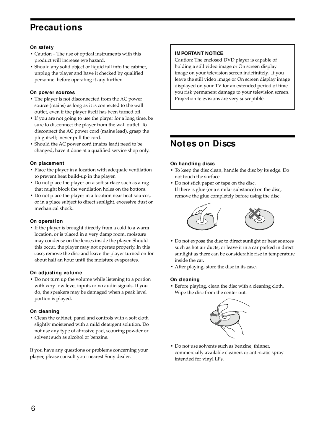 Sony DVP-S725D operating instructions Precautions 