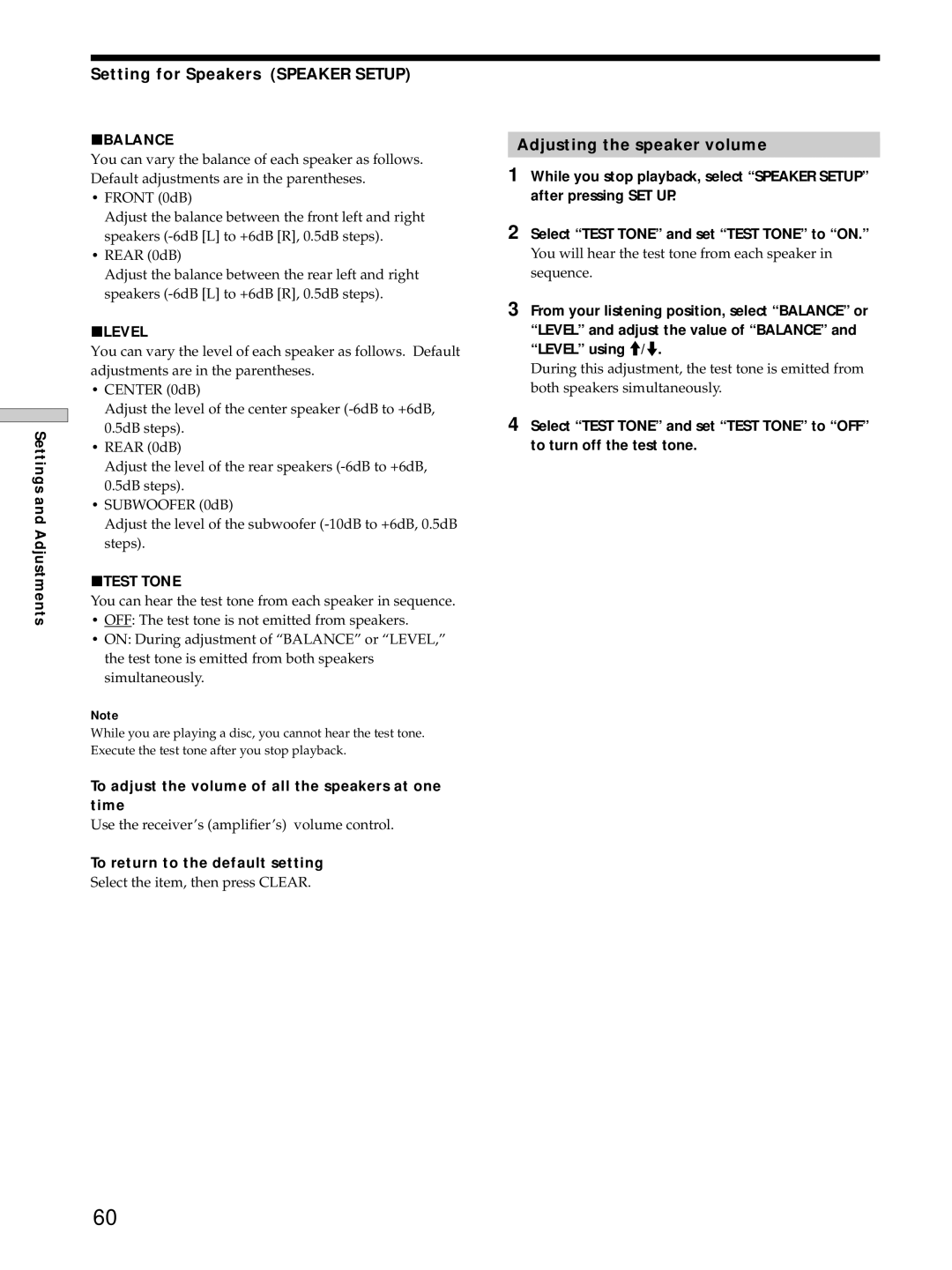 Sony DVP-S725D operating instructions Setting for Speakers Speaker Setup, Adjusting the speaker volume 