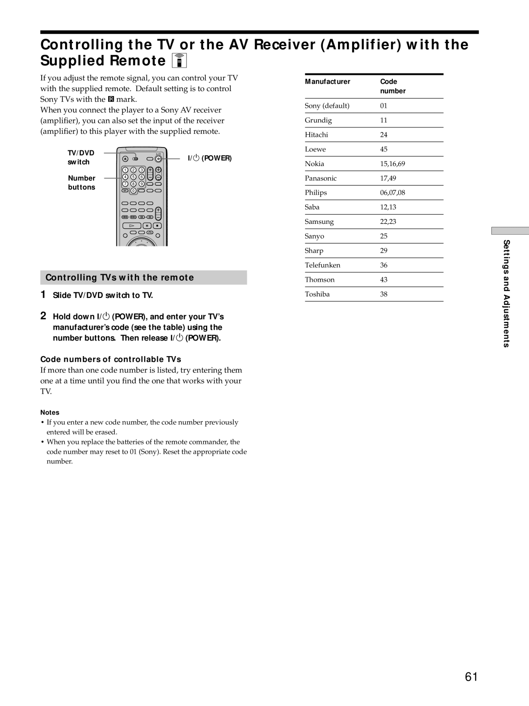 Sony DVP-S725D Controlling TVs with the remote, Manufacturer Code Number, Adjustments, Switch Number Buttons 