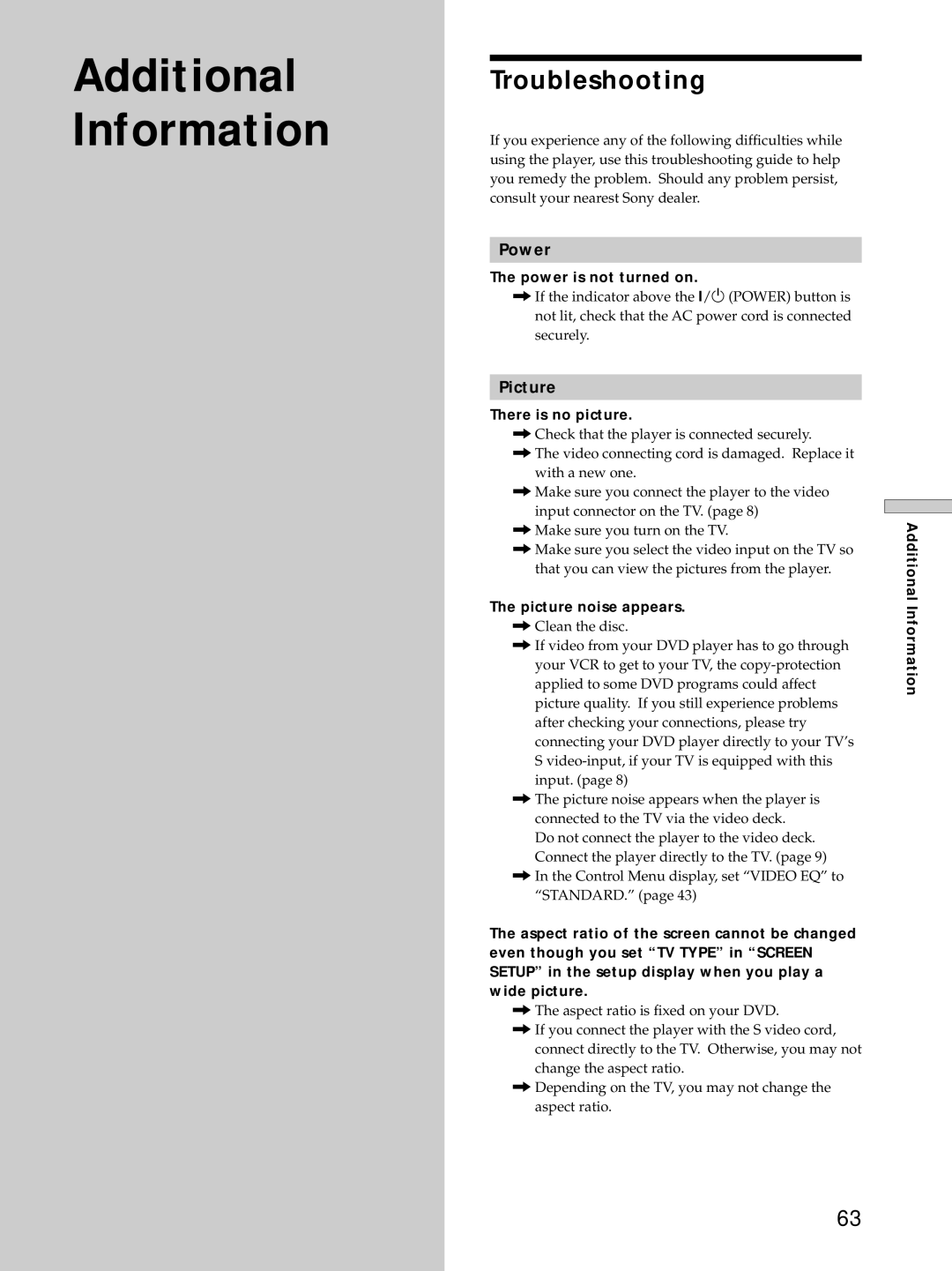 Sony DVP-S725D operating instructions Troubleshooting, Power, Picture 