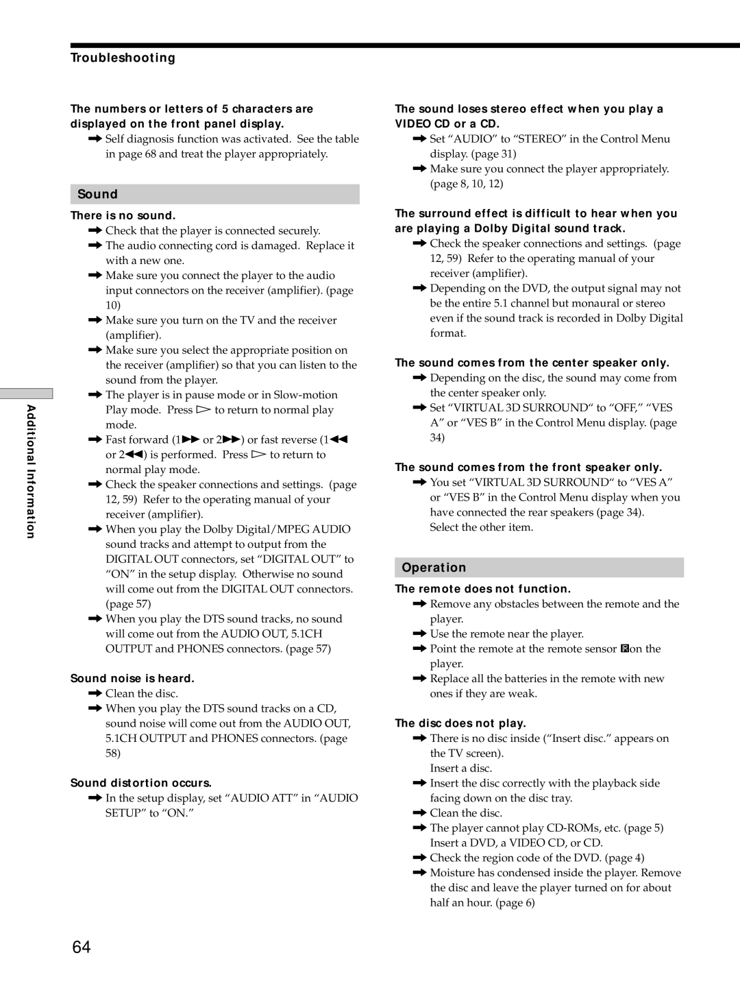 Sony DVP-S725D operating instructions Troubleshooting, Sound, Operation 