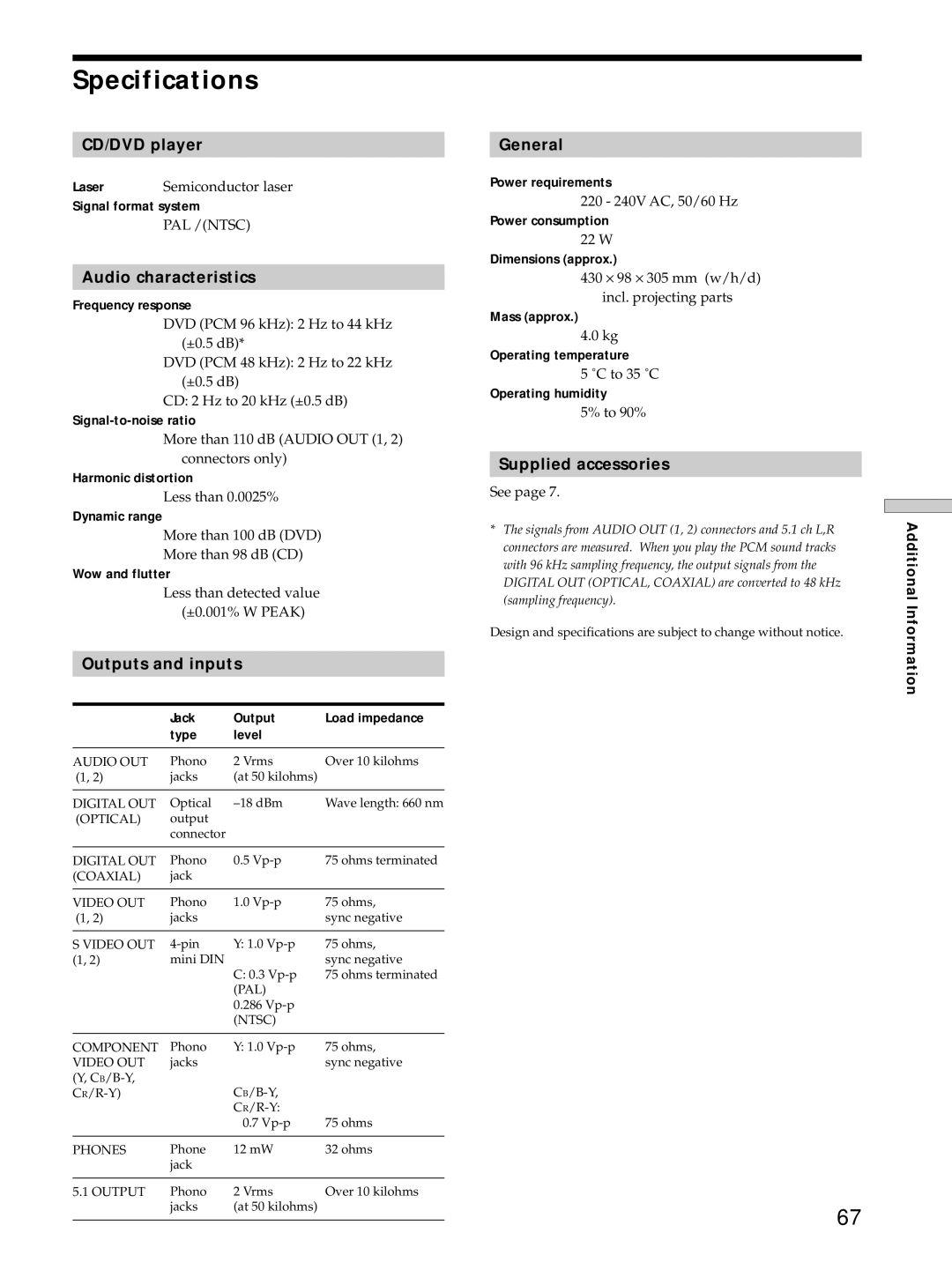 Sony DVP-S725D operating instructions Specifications 