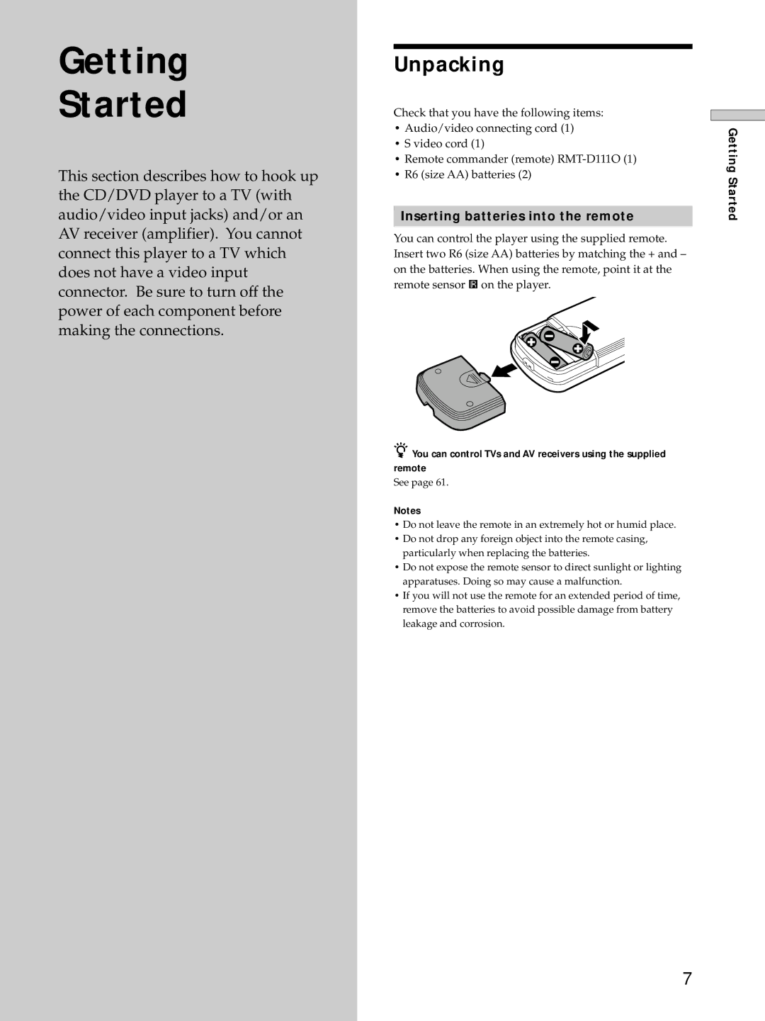 Sony DVP-S725D operating instructions Unpacking, Inserting batteries into the remote, Getting Started 