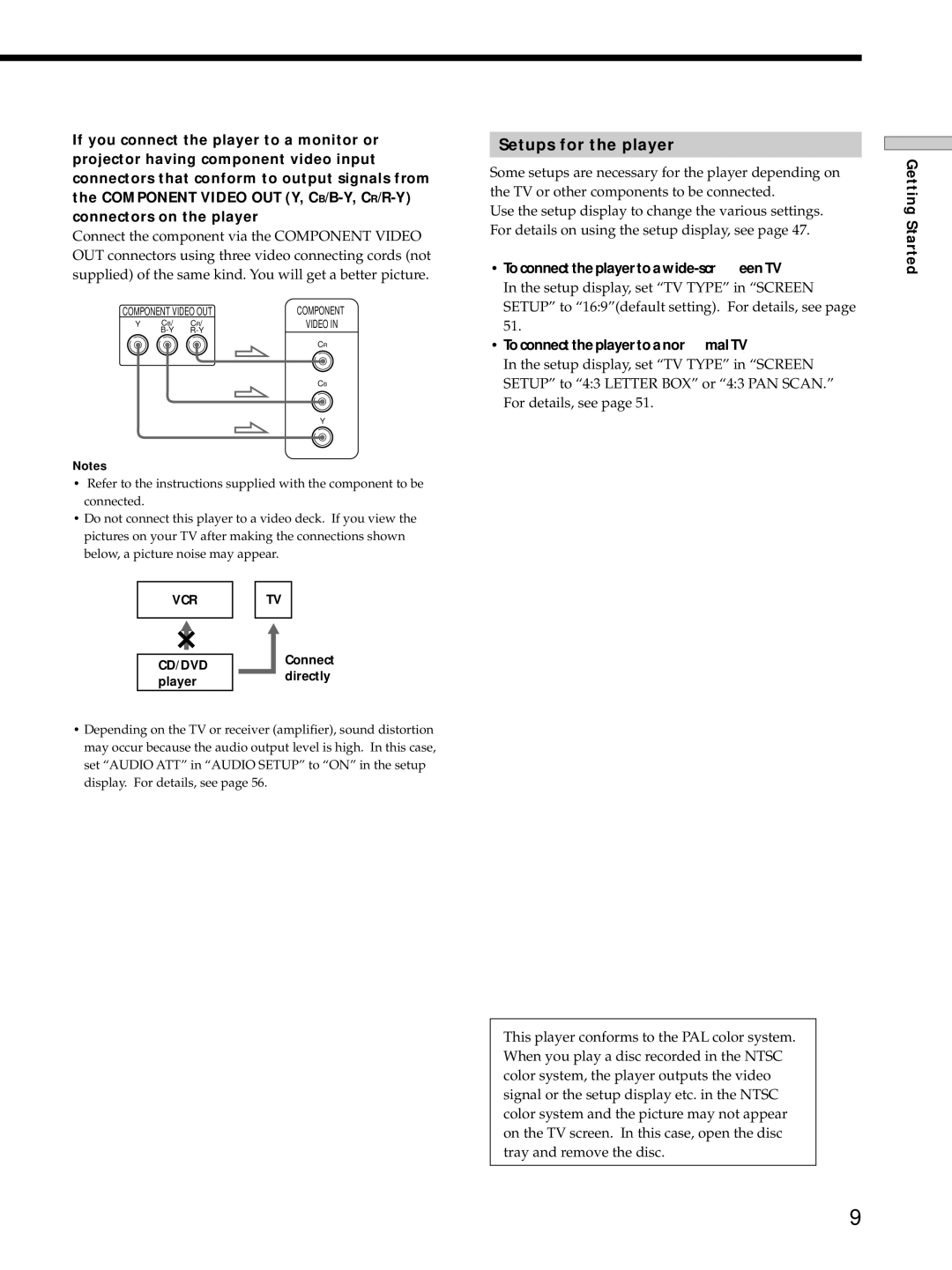 Sony DVP-S725D Setups for the player, To connect the player to a wide-scr een TV, To connect the player to a nor mal TV 