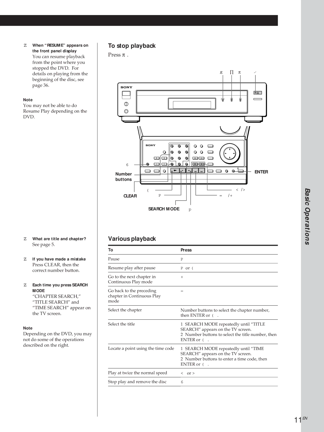 Sony DVP3980 manual 11EN, To stop playback, Various playback, Press 