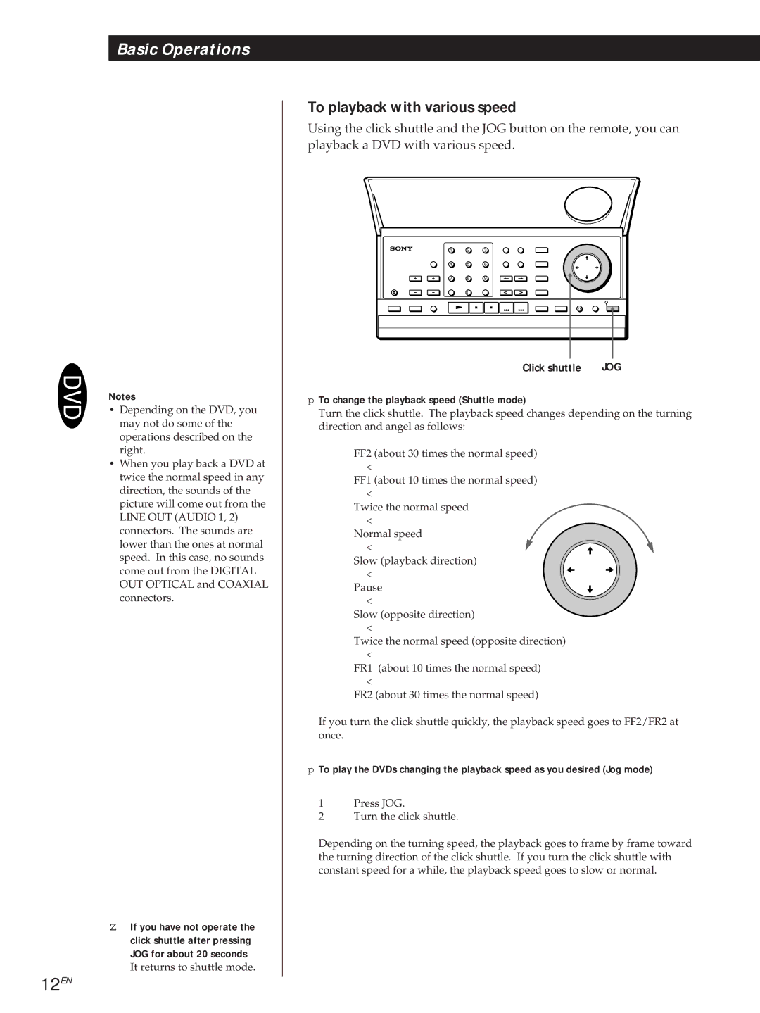 Sony DVP3980 manual 12EN, To playback with various speed, Click shuttle, To change the playback speed Shuttle mode 