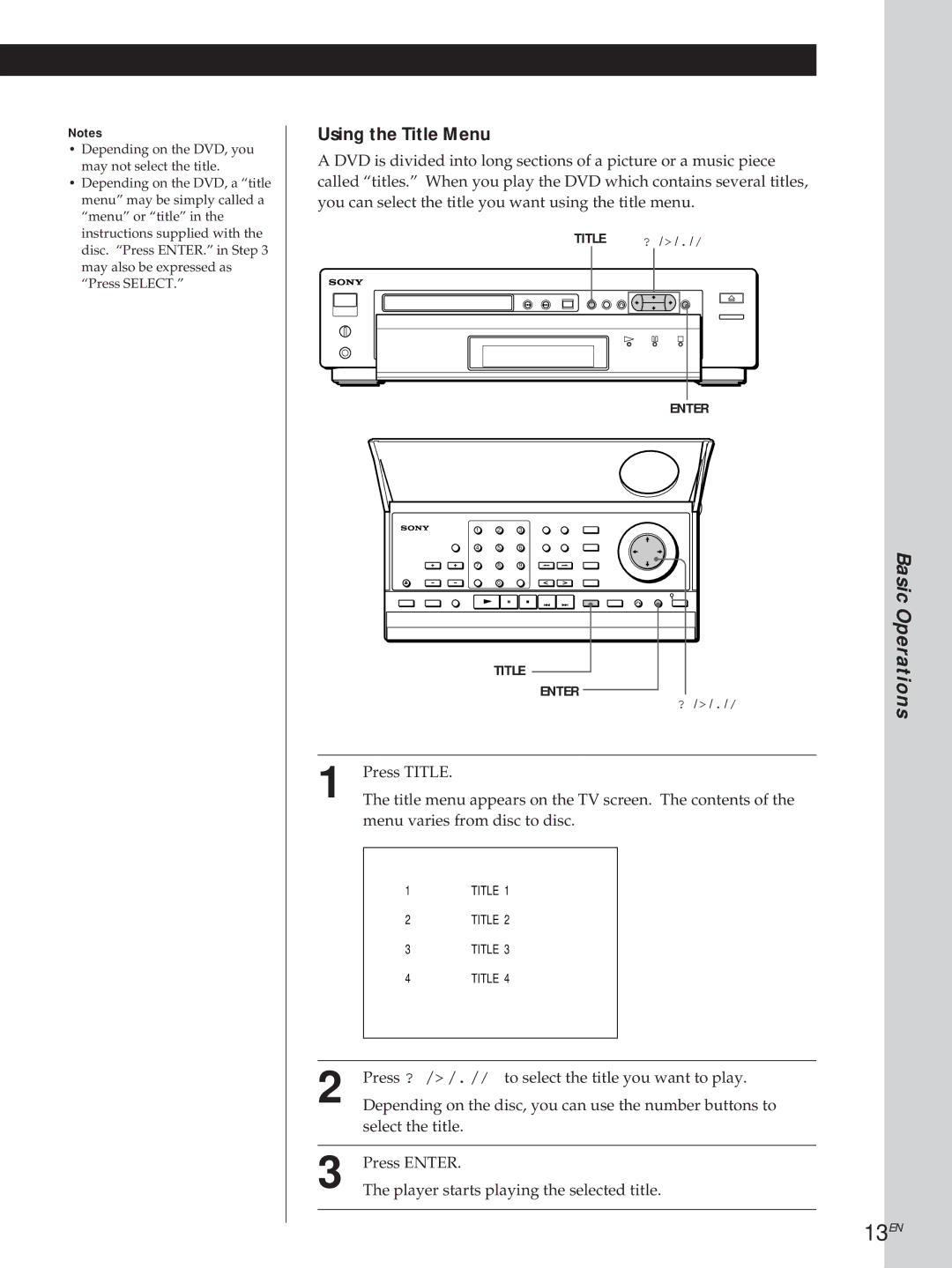 Sony DVP3980 manual 13EN, Using the Title Menu 