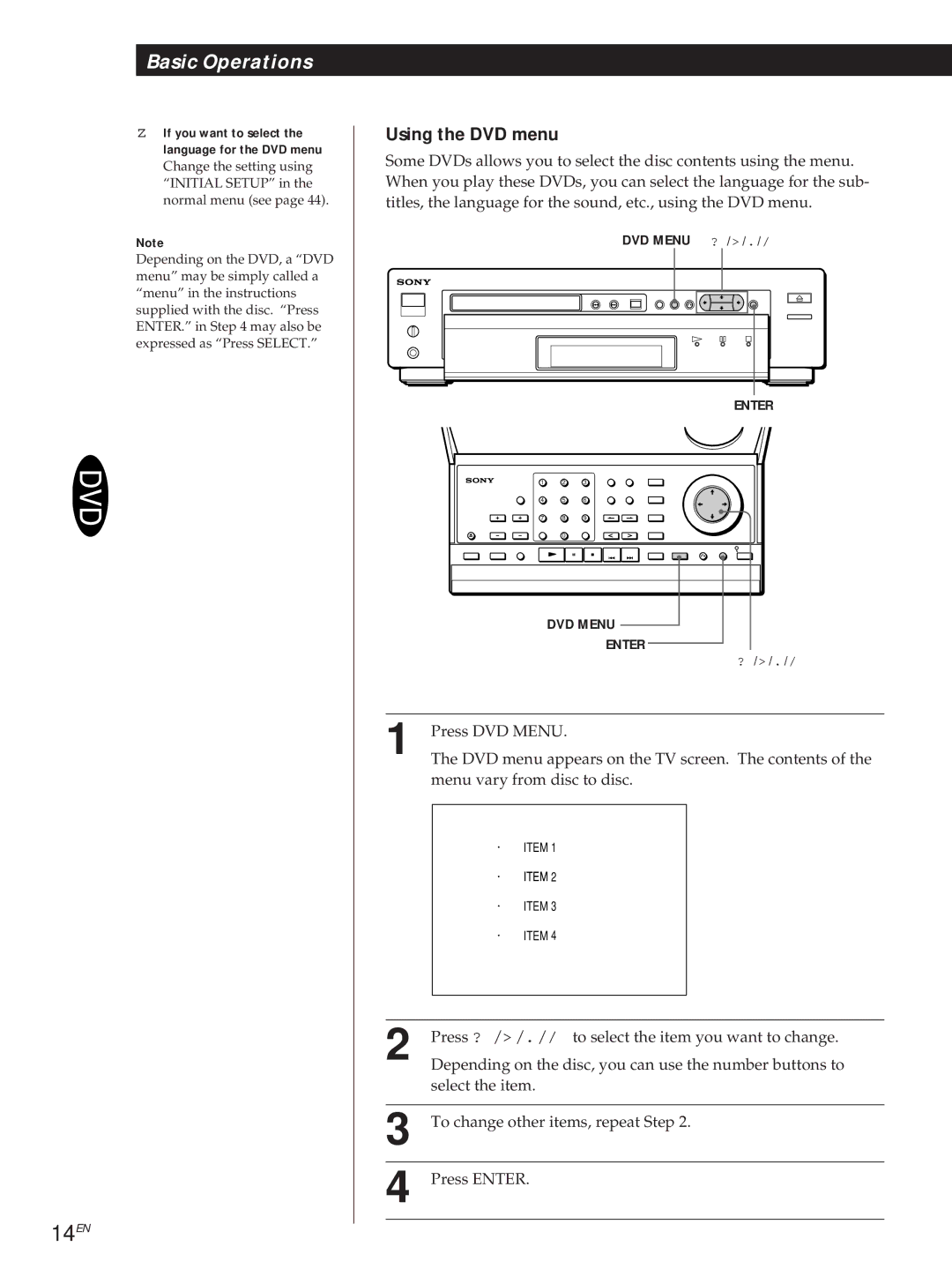 Sony DVP3980 manual 14EN, Using the DVD menu, DVD Menu ? 