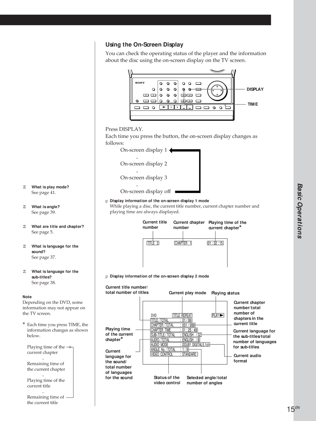 Sony DVP3980 manual 15EN, Using the On-Screen Display 