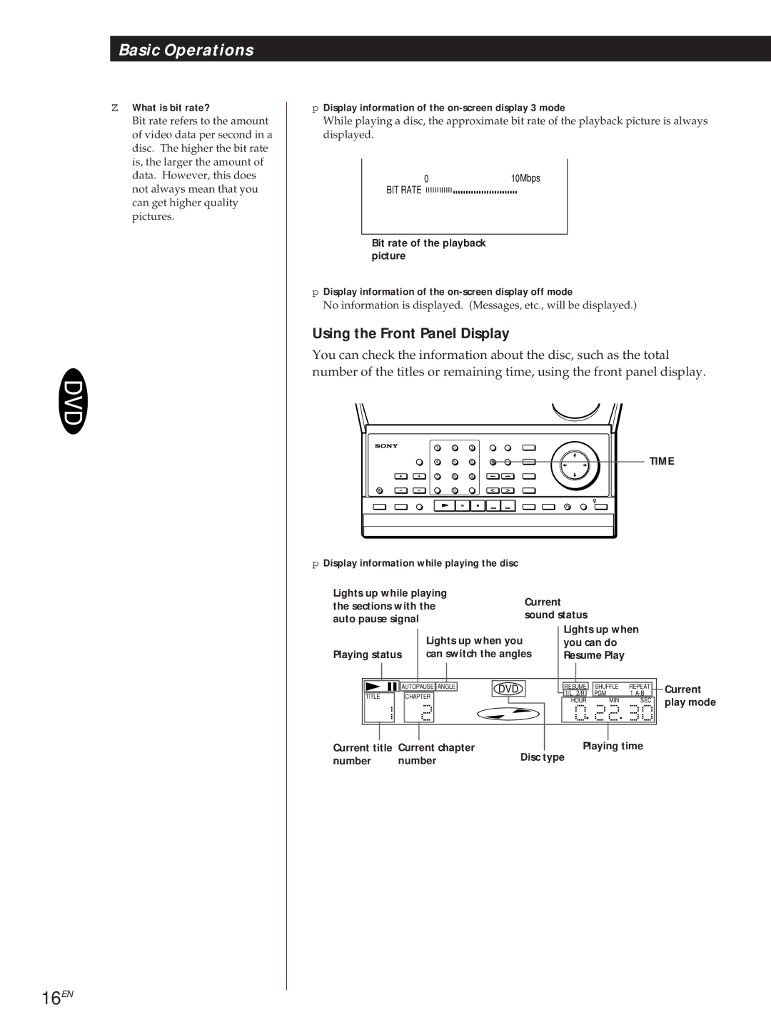 Sony DVP3980 manual 16EN, Using the Front Panel Display 