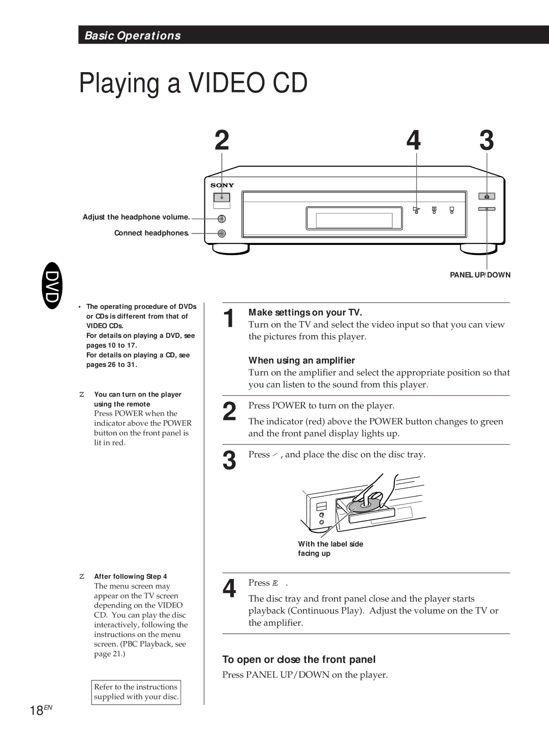 Sony DVP3980 manual 18EN, With the label side, Facing up 