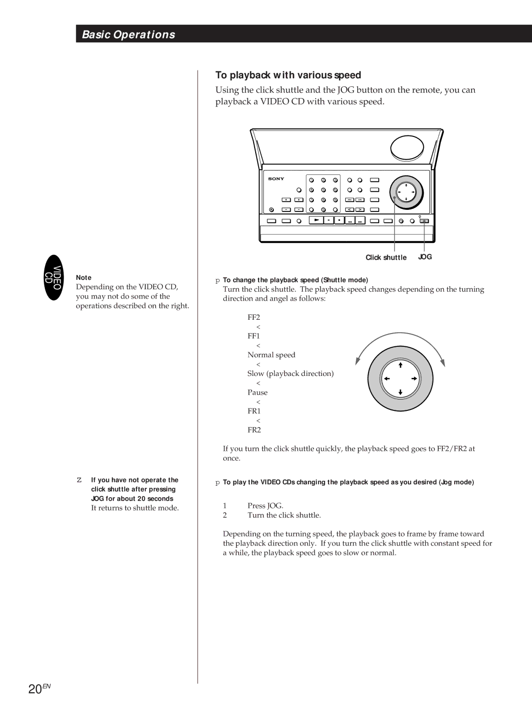 Sony DVP3980 manual 20EN, Click shuttle JOG To change the playback speed Shuttle mode 