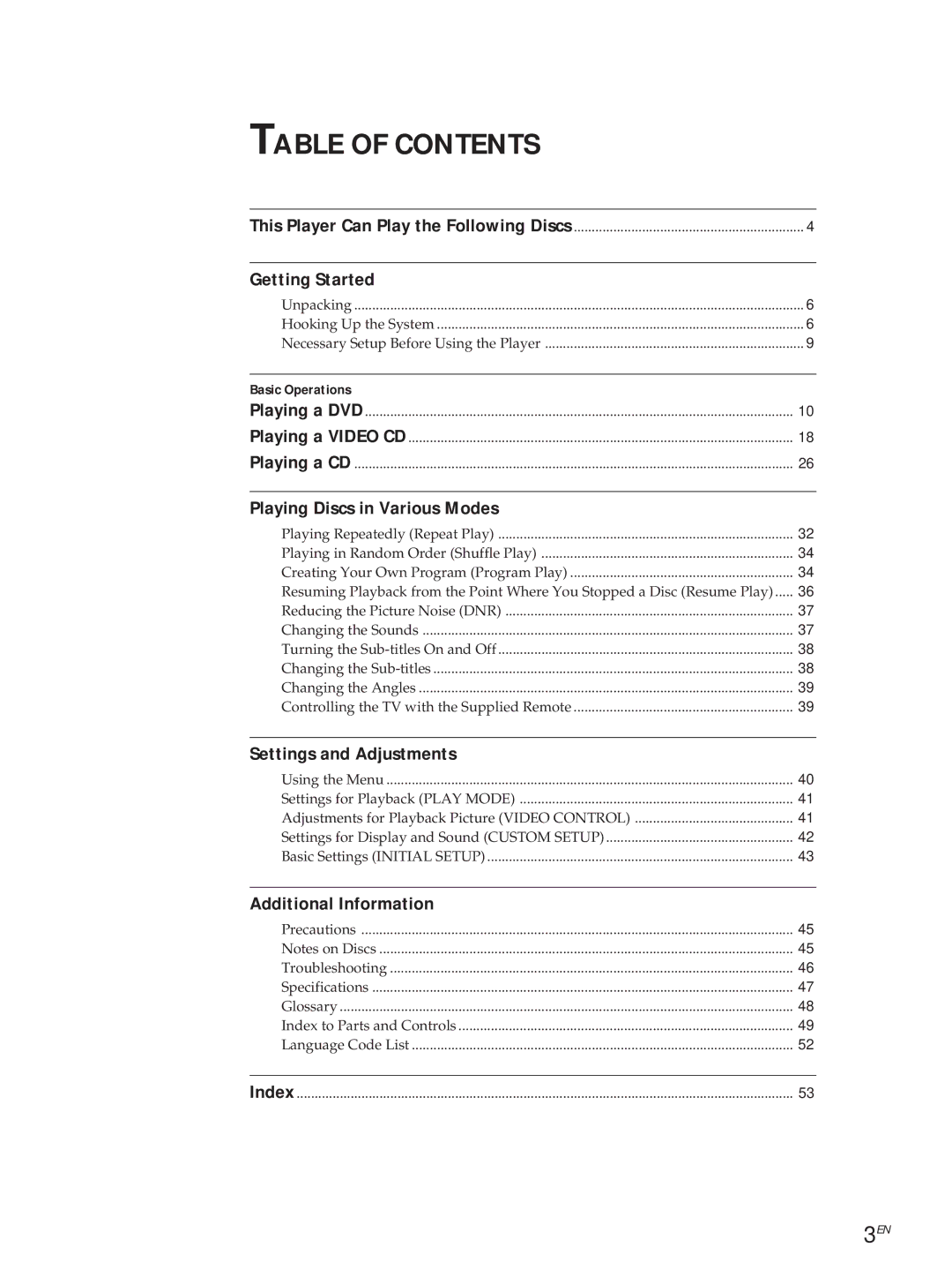 Sony DVP3980 manual Table of Contents 