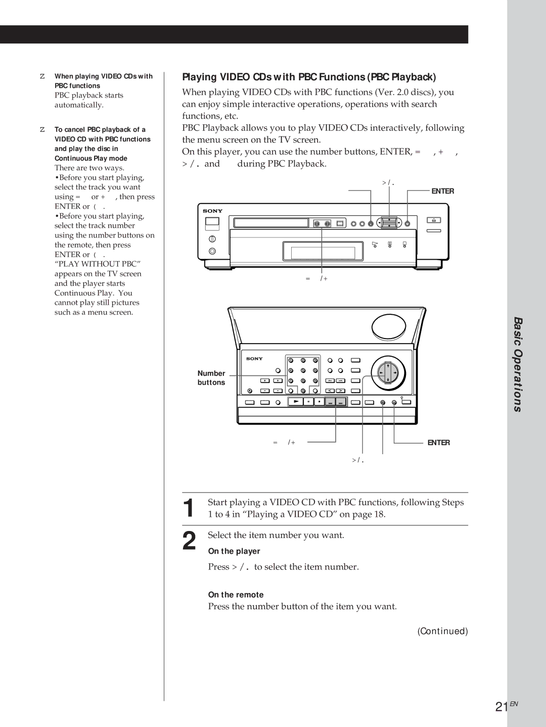 Sony DVP3980 manual 21EN, Playing Video CDs with PBC Functions PBC Playback, When playing Video CDs with PBC functions 