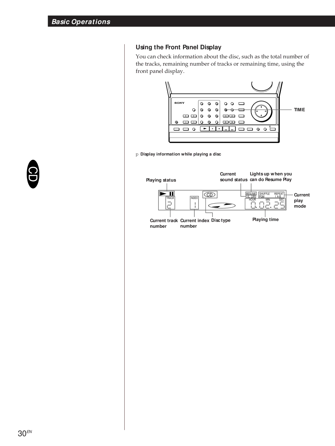 Sony DVP3980 manual 30EN, Display information while playing a disc Current, Current track Current index Disc type 