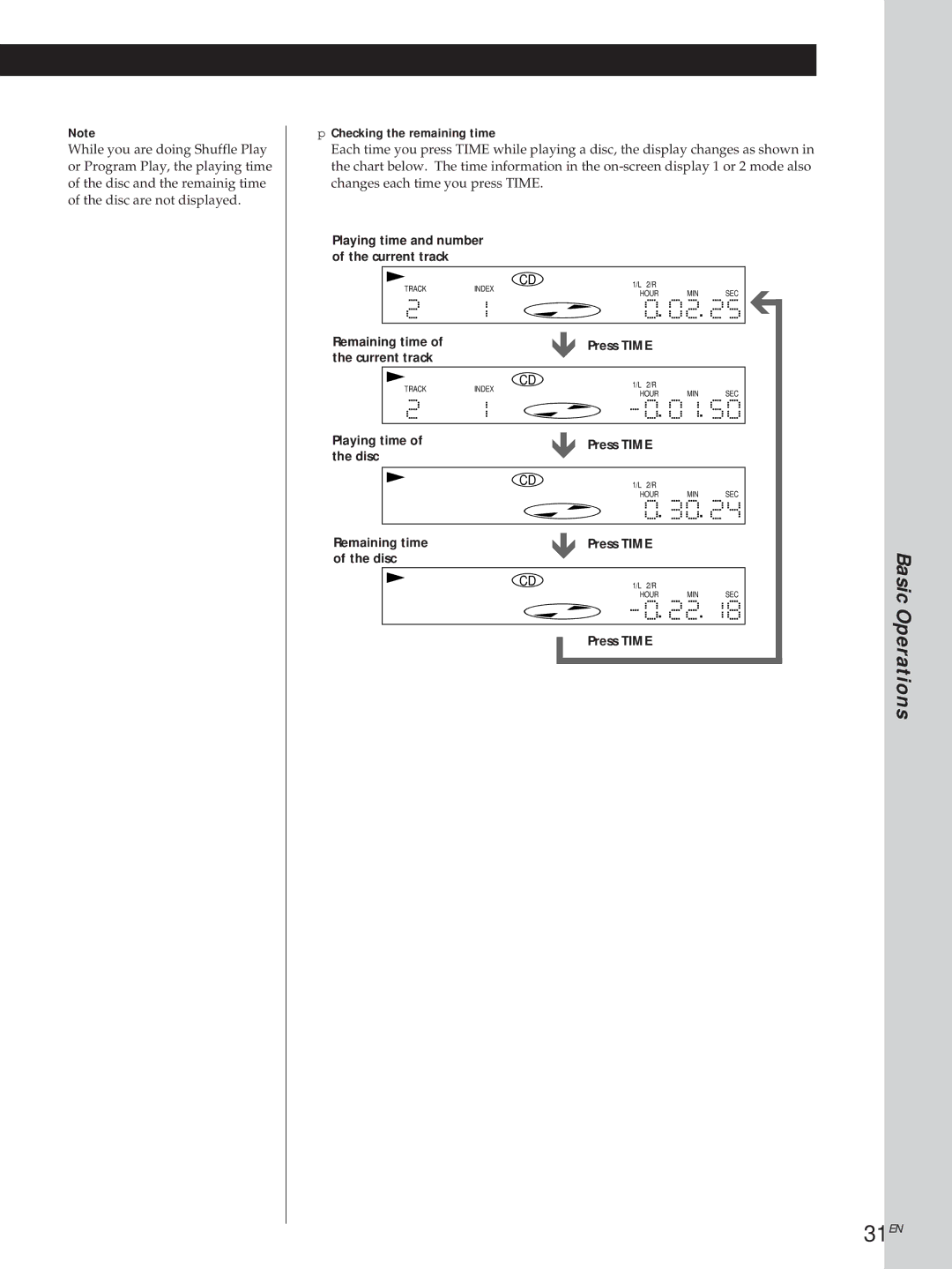 Sony DVP3980 31EN, Remaining time Press Time Current track, Playing time Press Time Disc, Remaining time Press Time Disc 