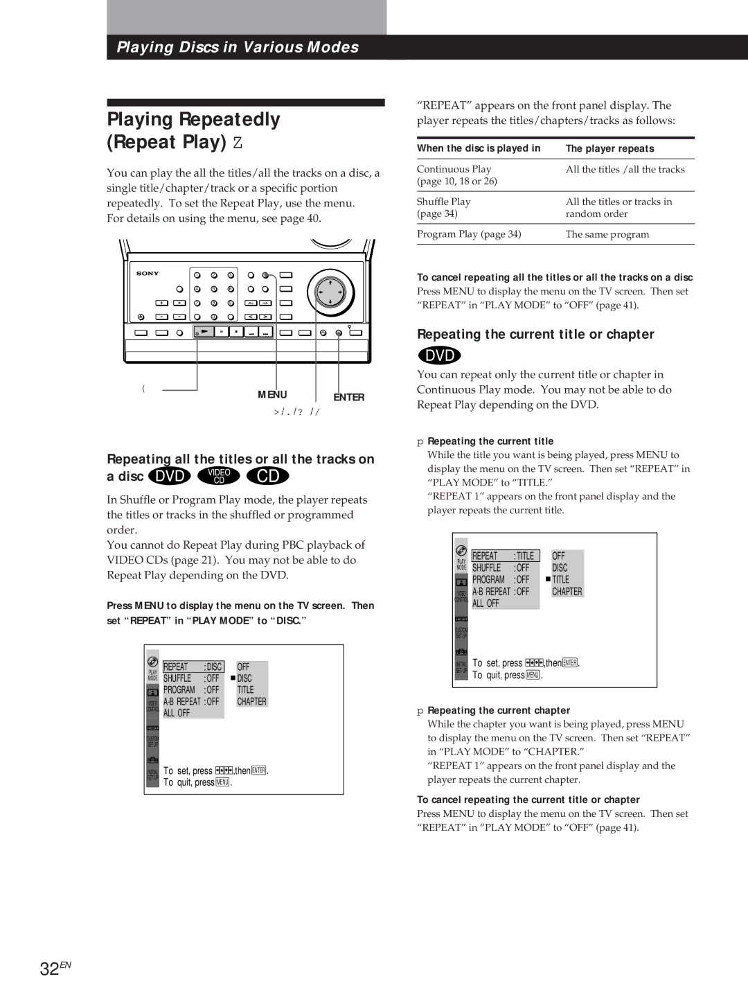 Sony DVP3980 manual Playing Repeatedly Repeat Play Z, 32EN, Repeating all the titles or all the tracks on a disc 