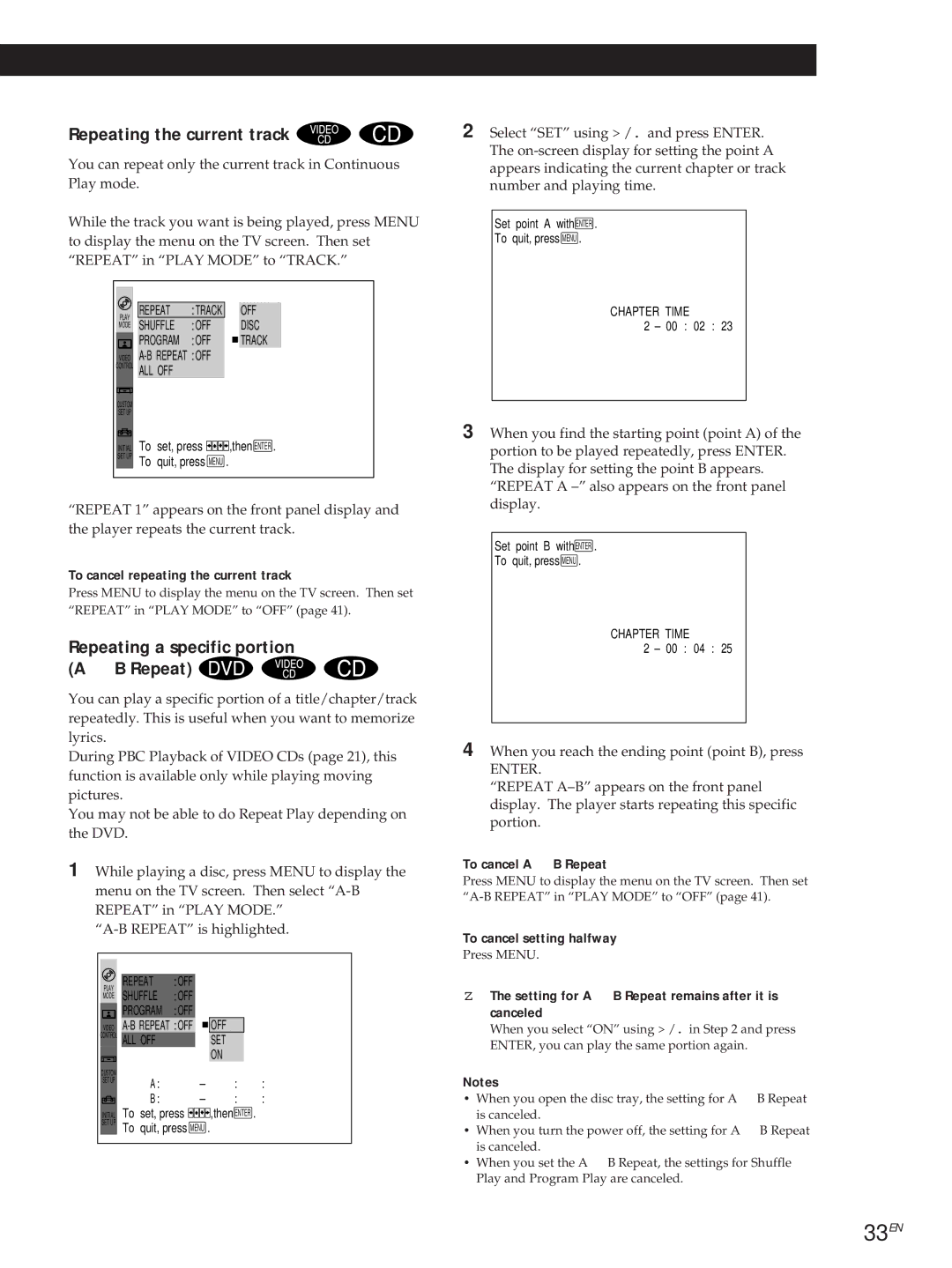 Sony DVP3980 manual 33EN, Repeating the current track, Repeating a specific portion a B Repeat 