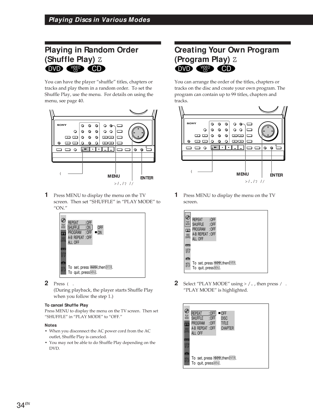 Sony DVP3980 manual Playing in Random Order Shuffle Play Z, Creating Your Own Program Program Play Z, 34EN 