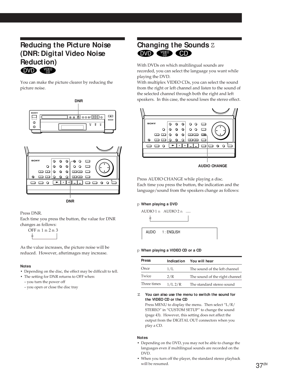 Sony DVP3980 manual Reducing the Picture Noise DNR Digital Video Noise Reduction, Changing the Sounds Z 