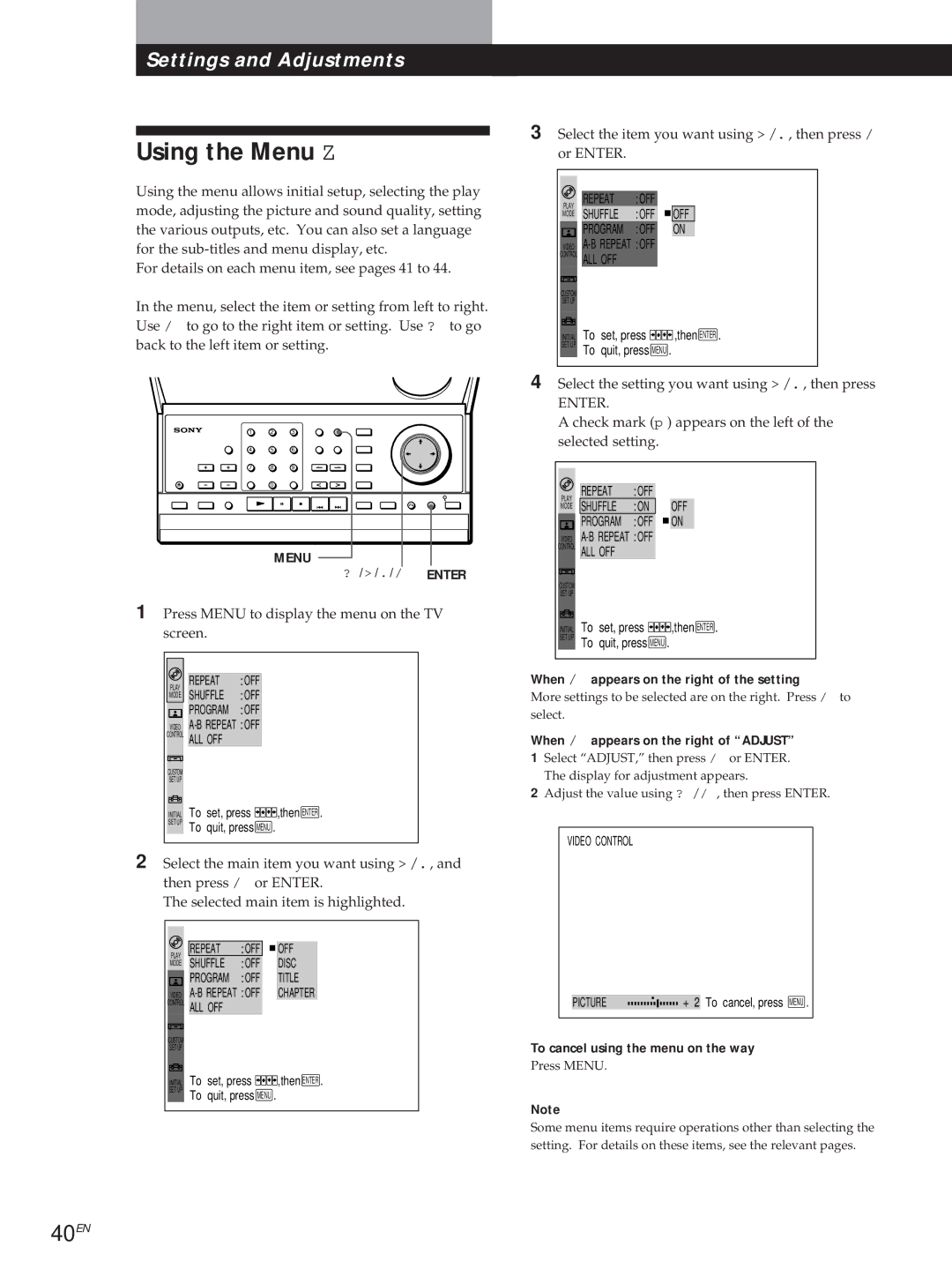 Sony DVP3980 manual Using the Menu Z, 40EN, When / appears on the right of the setting, To cancel using the menu on the way 