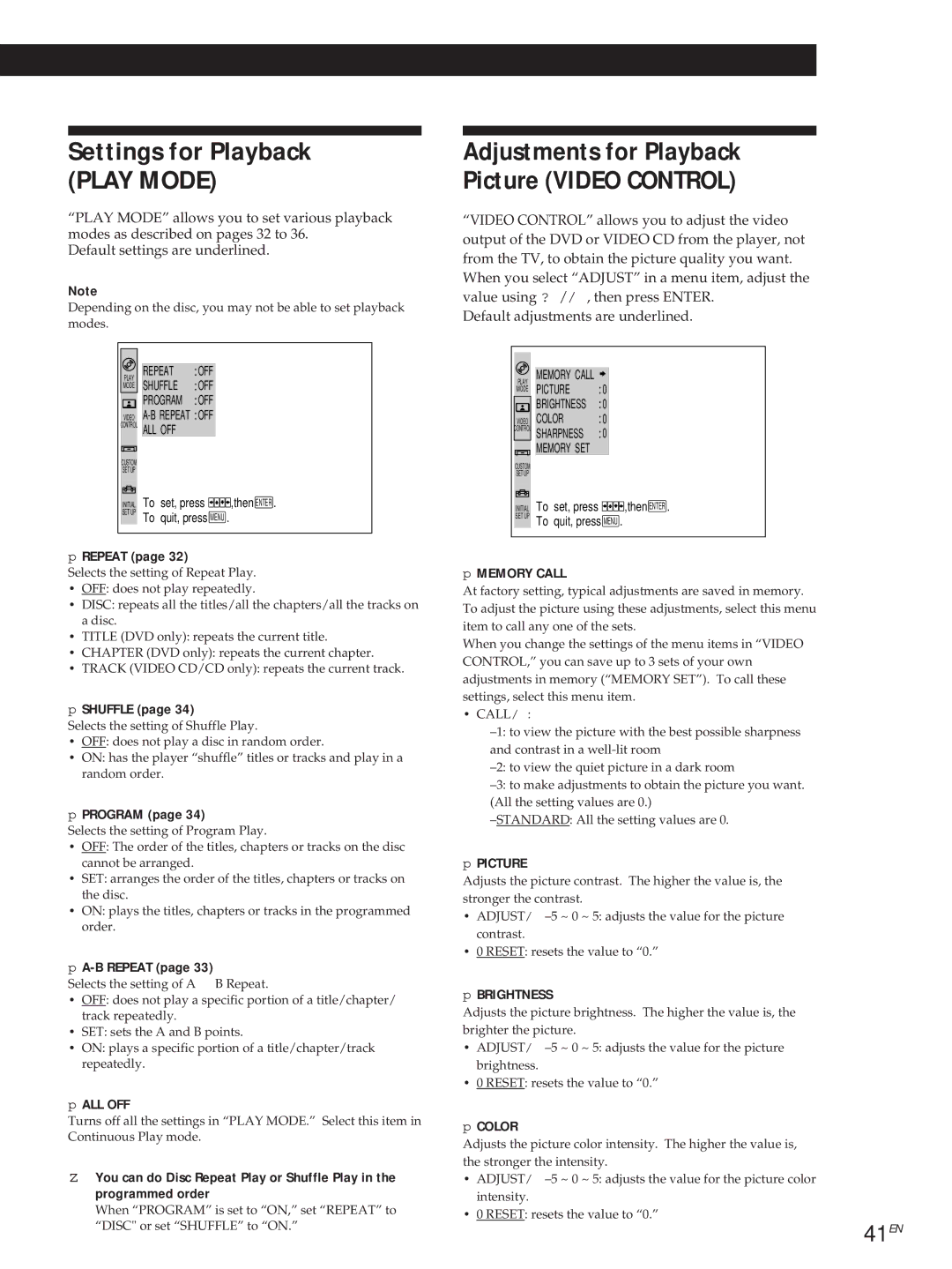 Sony DVP3980 manual Adjustments for Playback Picture Video Control, 41EN 