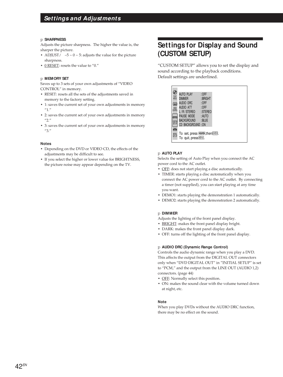 Sony DVP3980 manual Settings for Display and Sound, 42EN 