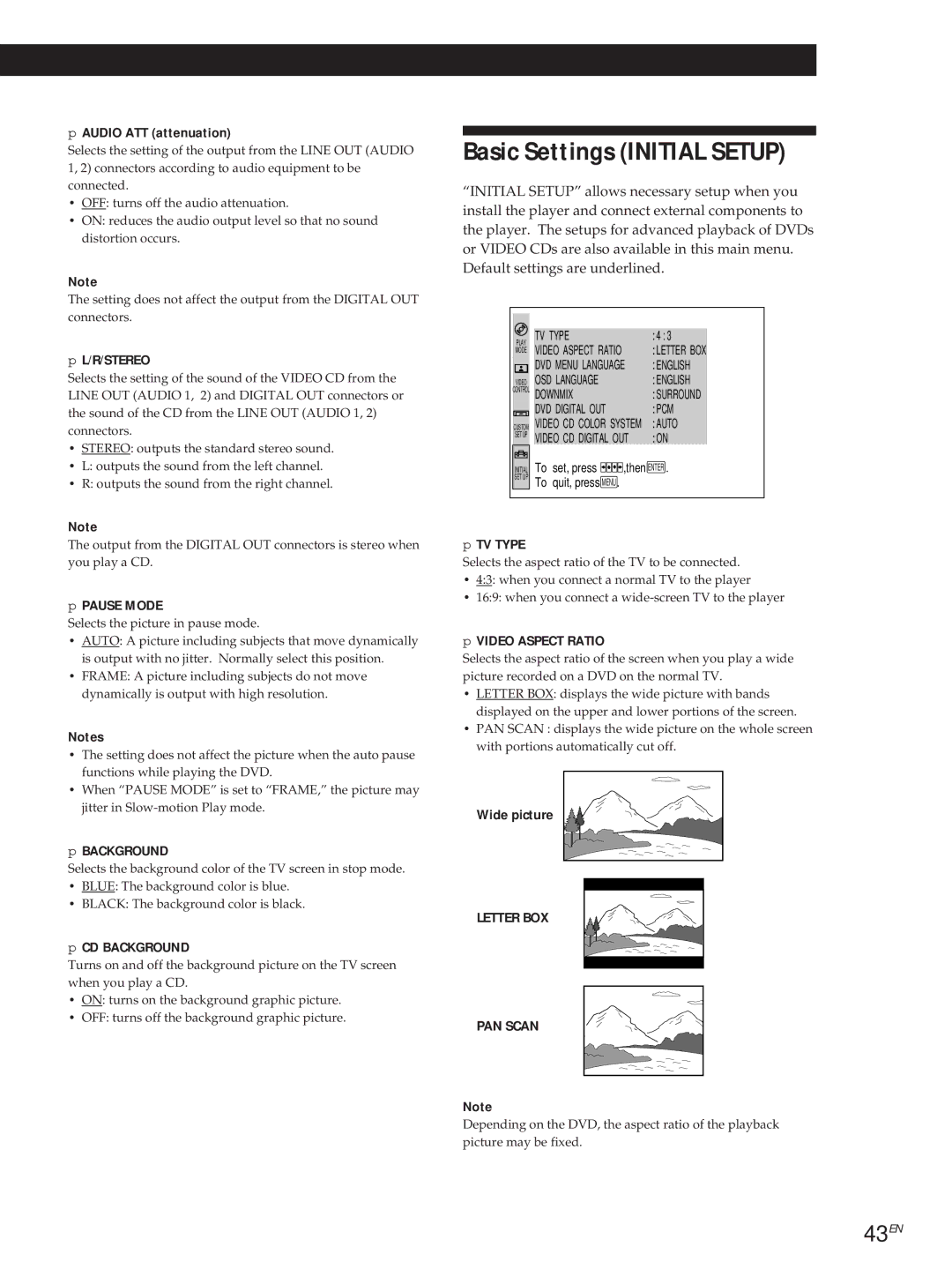 Sony DVP3980 manual Basic Settings Initial Setup, 43EN 