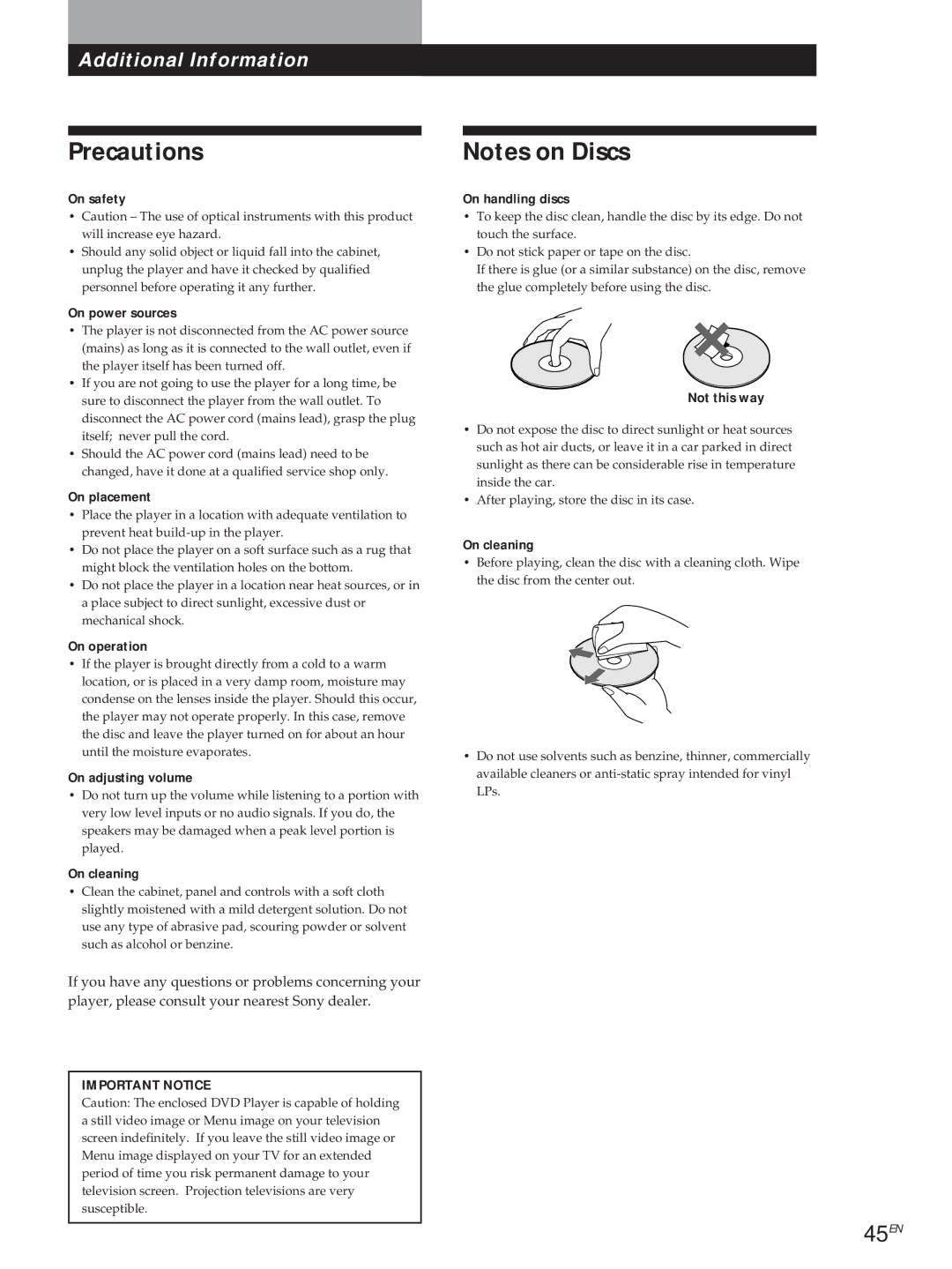 Sony DVP3980 manual Precautions, 45EN 