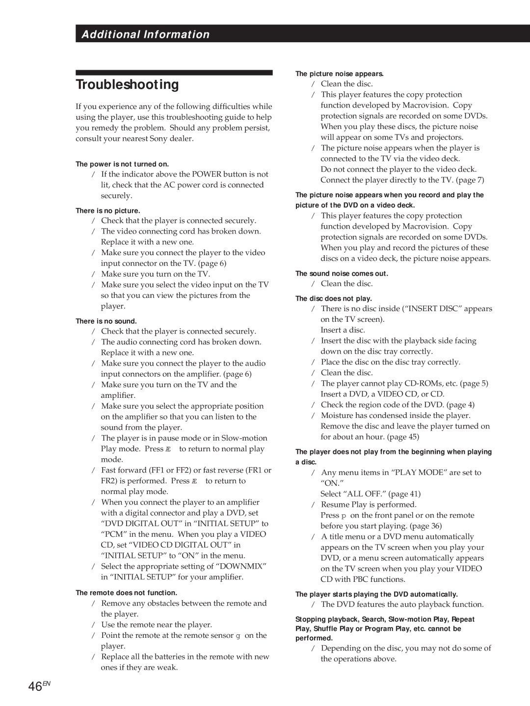 Sony DVP3980 manual Troubleshooting, 46EN 