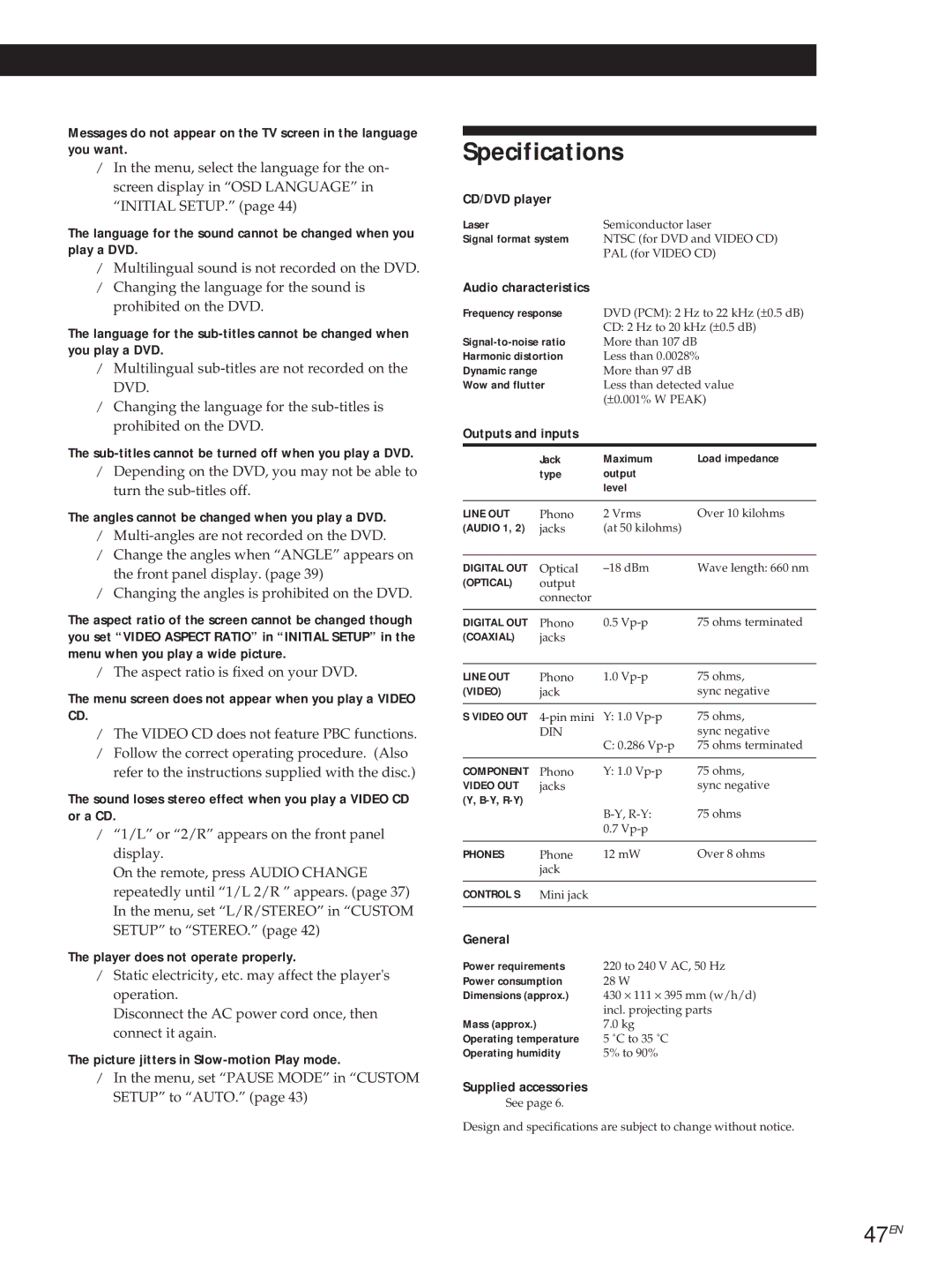 Sony DVP3980 manual Specifications, 47EN 