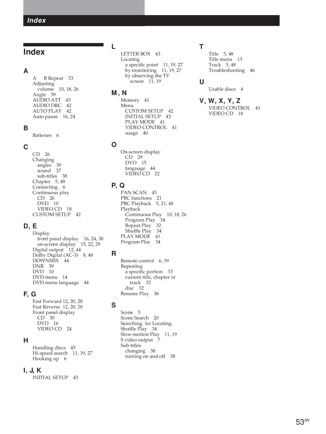 Sony DVP3980 manual Index, 53EN, X, Y, Z 