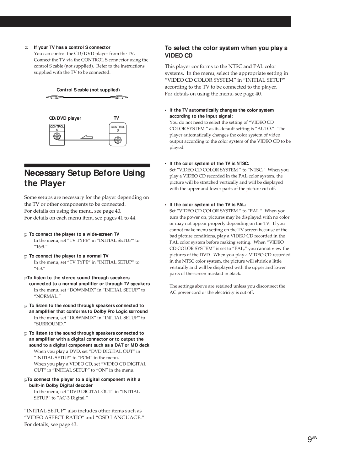 Sony DVP3980 manual Necessary Setup Before Using the Player, To select the color system when you play a 