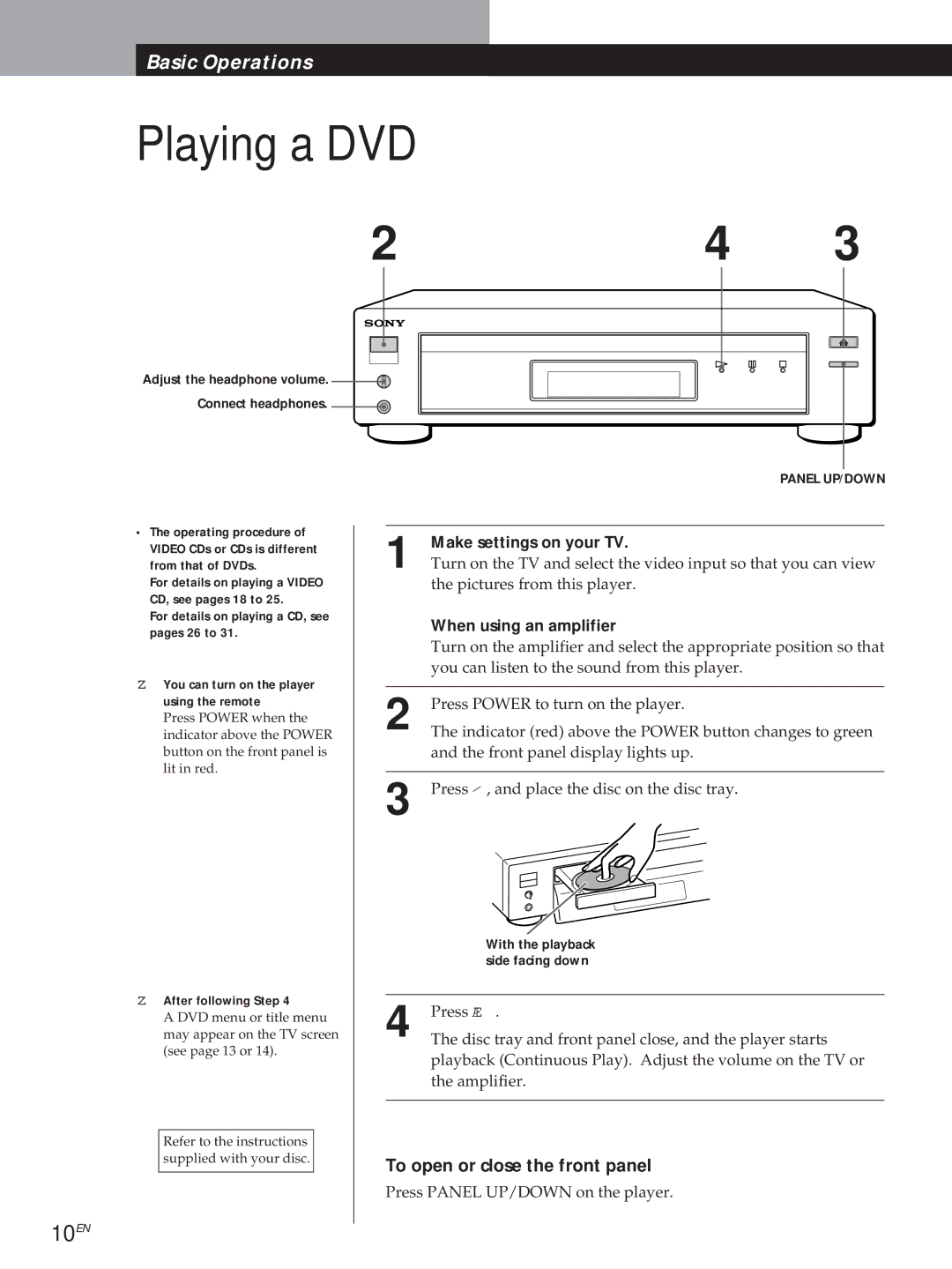 Sony DVP3980 manual 10EN, To open or close the front panel 