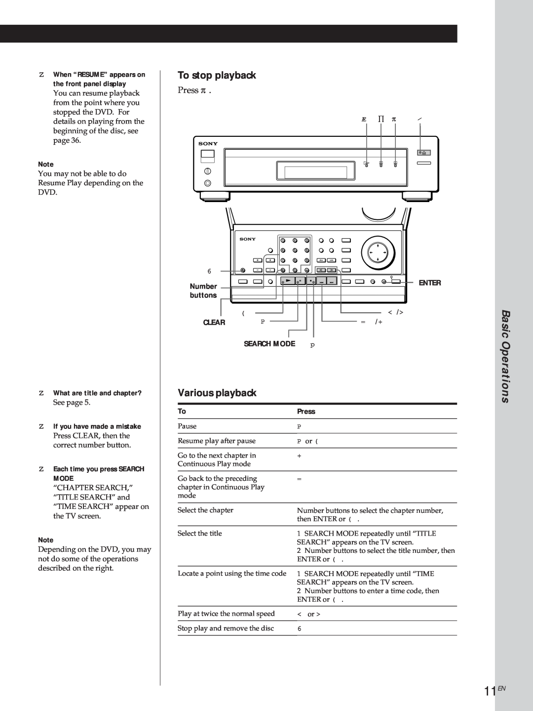 Sony DVP3980 manual 11EN, Basic Operations, To stop playback, Various playback, Press 