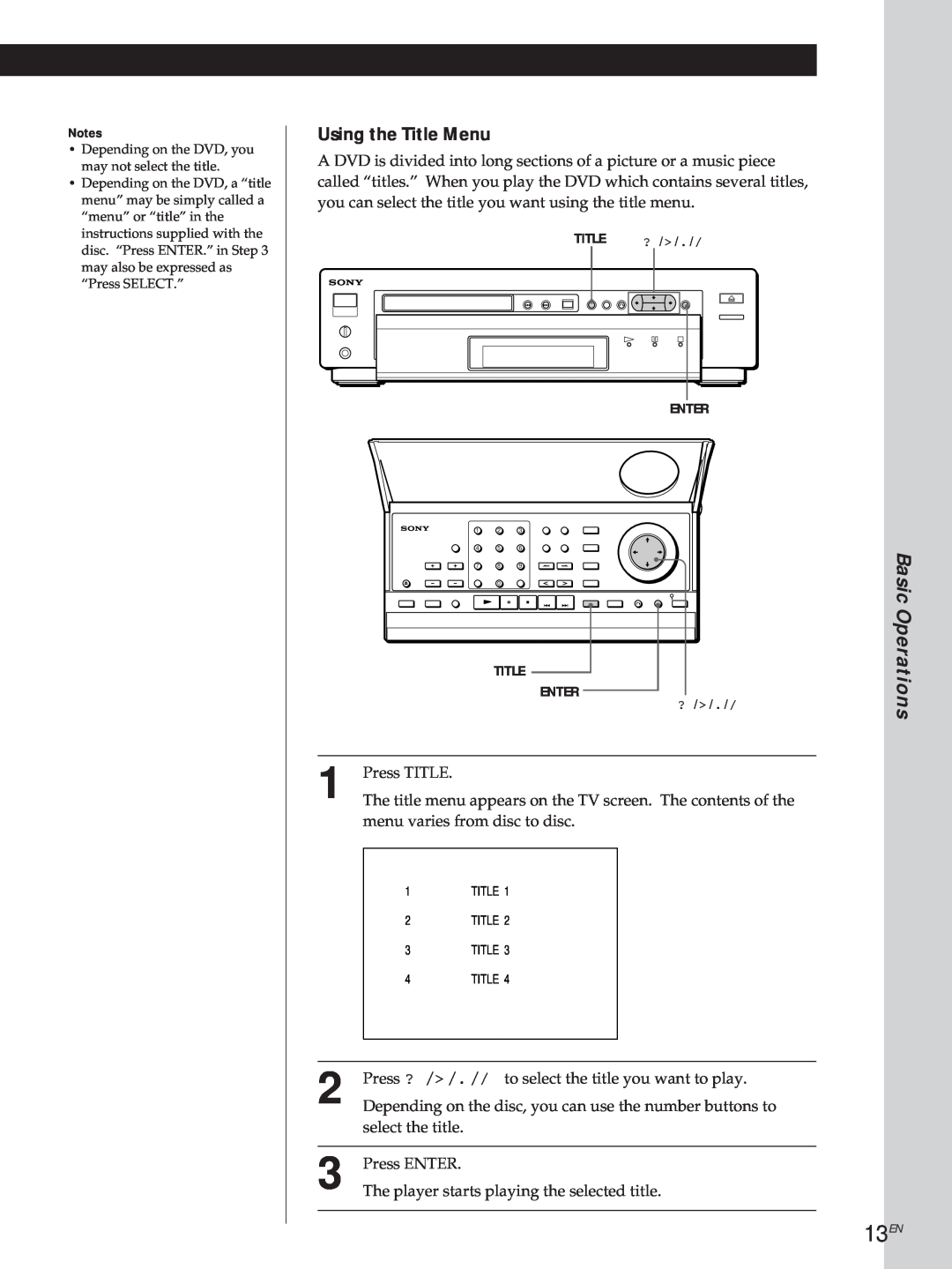 Sony DVP3980 manual 13EN, Operations, Using the Title Menu 