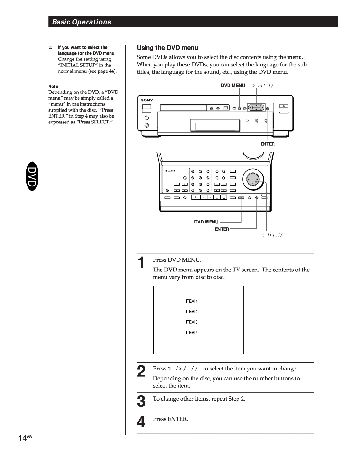 Sony DVP3980 manual 14EN, Basic Operations, Using the DVD menu 