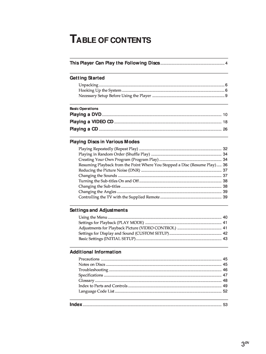 Sony DVP3980 manual Table Of Contents, Getting Started, Playing Discs in Various Modes, Settings and Adjustments 