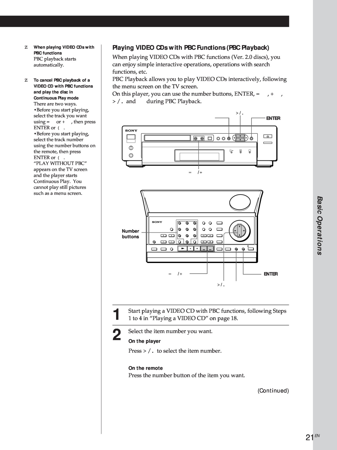 Sony DVP3980 manual 21EN, Basic Operations, Playing VIDEO CDs with PBC Functions PBC Playback 