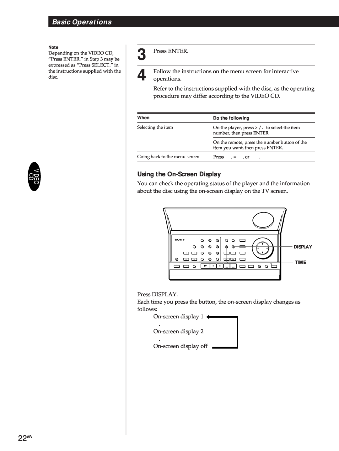 Sony DVP3980 manual 22EN, Basic Operations, Using the On-Screen Display, When, Do the following 