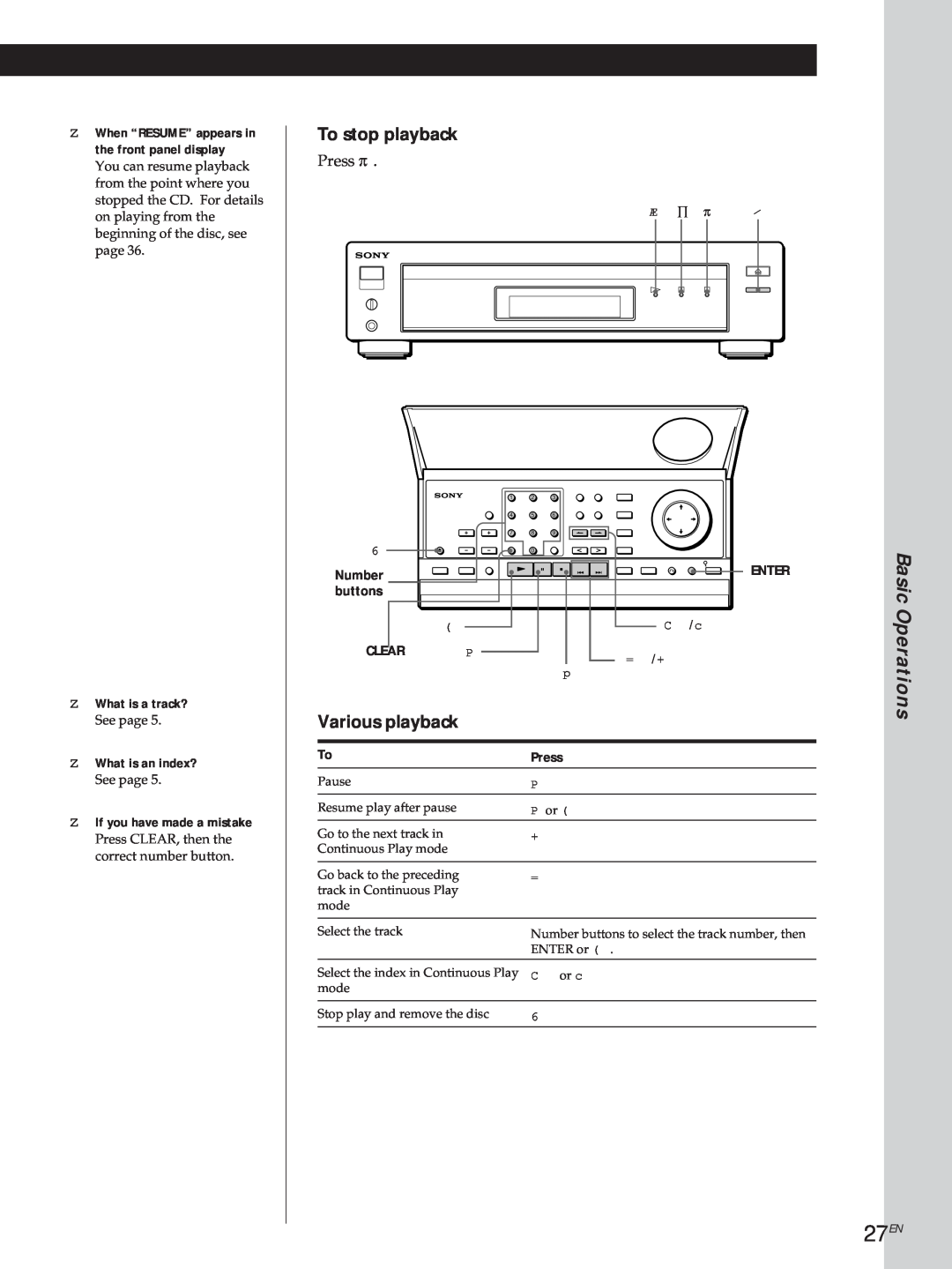 Sony DVP3980 manual 27EN, Basic Operations, To stop playback, Various playback, Press 