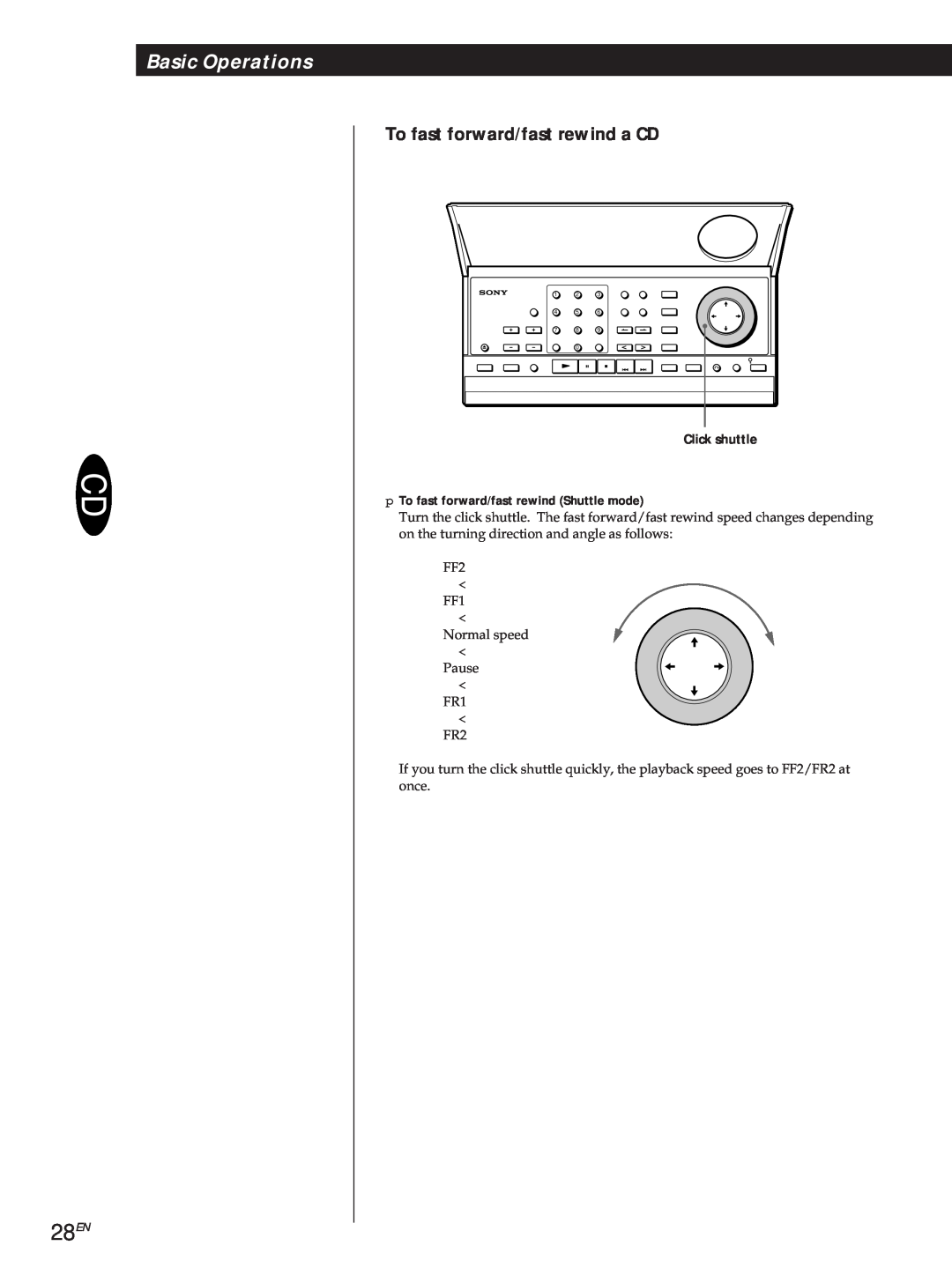 Sony DVP3980 manual 28EN, Basic Operations, To fast forward/fast rewind a CD 