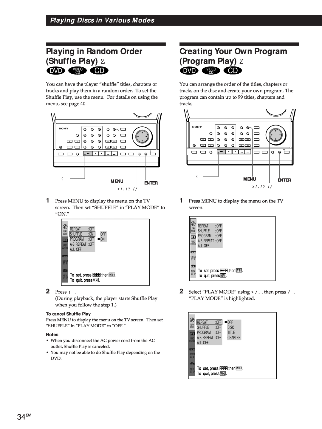 Sony DVP3980 manual Playing in Random Order Shuffle Play Z, Creating Your Own Program Program Play Z, 34EN 