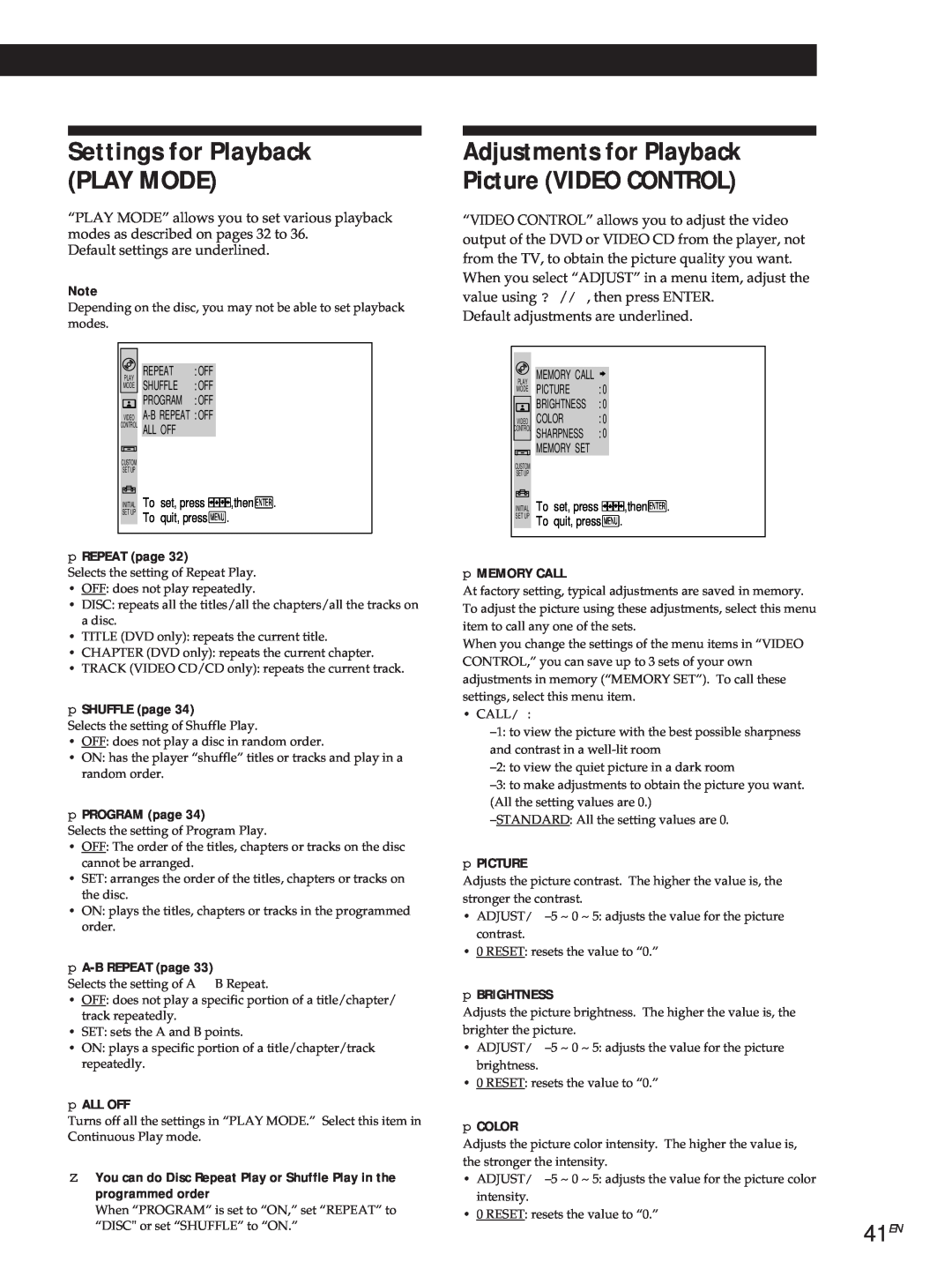 Sony DVP3980 Adjustments for Playback Picture VIDEO CONTROL, Settings for Playback PLAY MODE, 41EN, p REPEAT page, p COLOR 