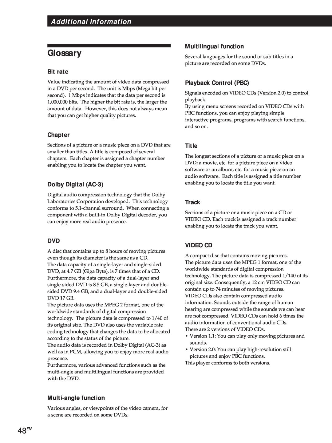 Sony DVP3980 manual Glossary, 48EN, Additional Information 