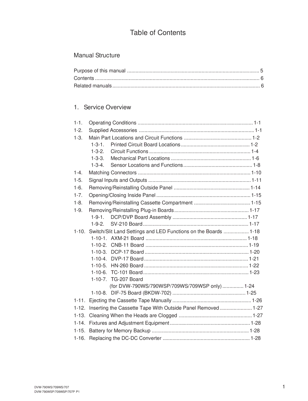 Sony DVW-707/707P, DVW-709WS, DVW-709WSP, DVW-707, DVW-707P, DVW-790WS, DVW-790WSP manual Table of Contents 