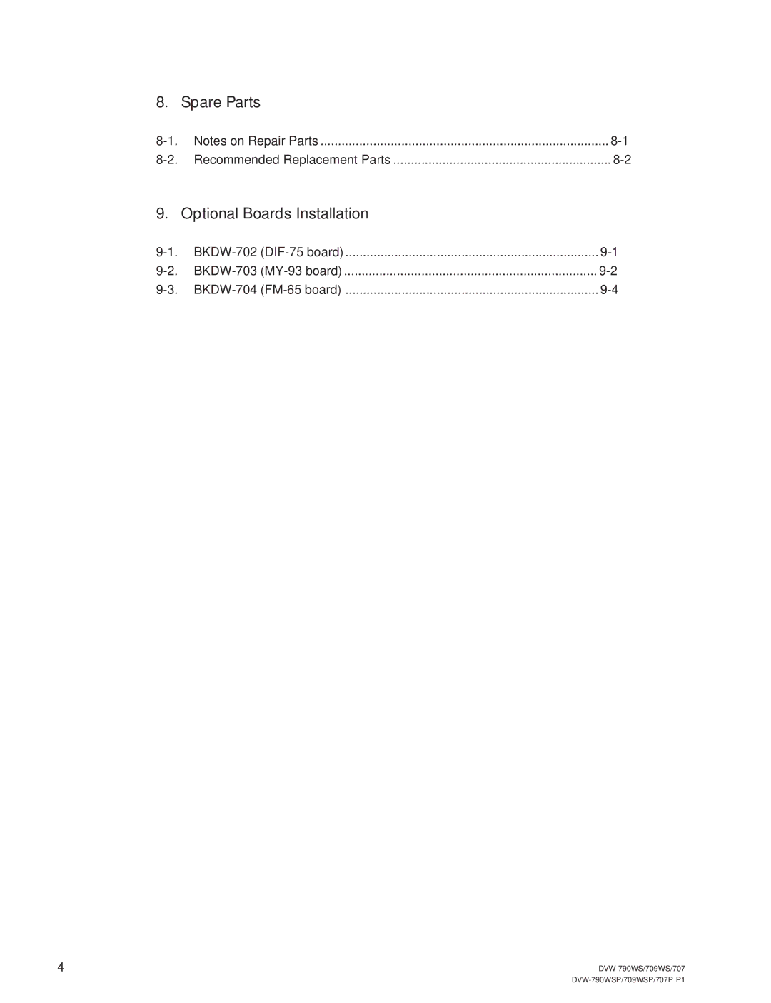 Sony DVW-709WS, DVW-709WSP, DVW-707, DVW-707P, DVW-790WS, DVW-790WSP manual Spare Parts, Optional Boards Installation 