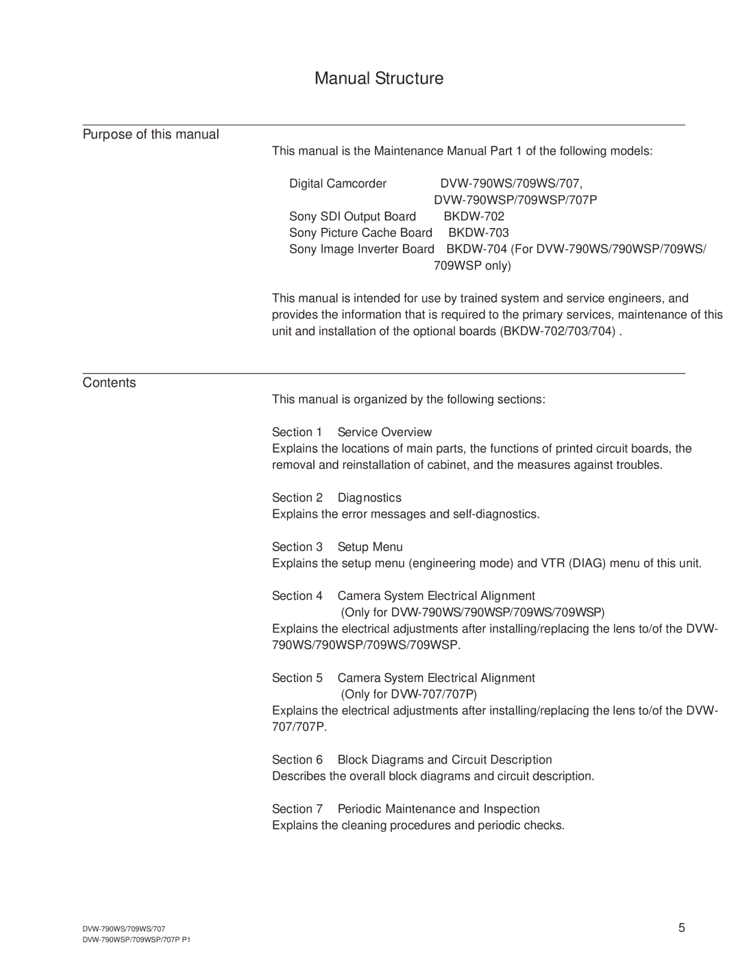 Sony DVW-707/707P Manual Structure, Purpose of this manual, Contents 